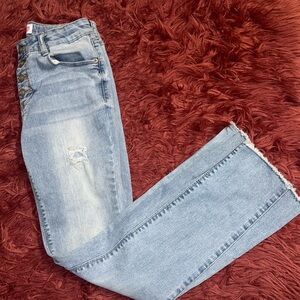 EUC! Girls Colorful Planet Button Down Distressed Flare Jeans